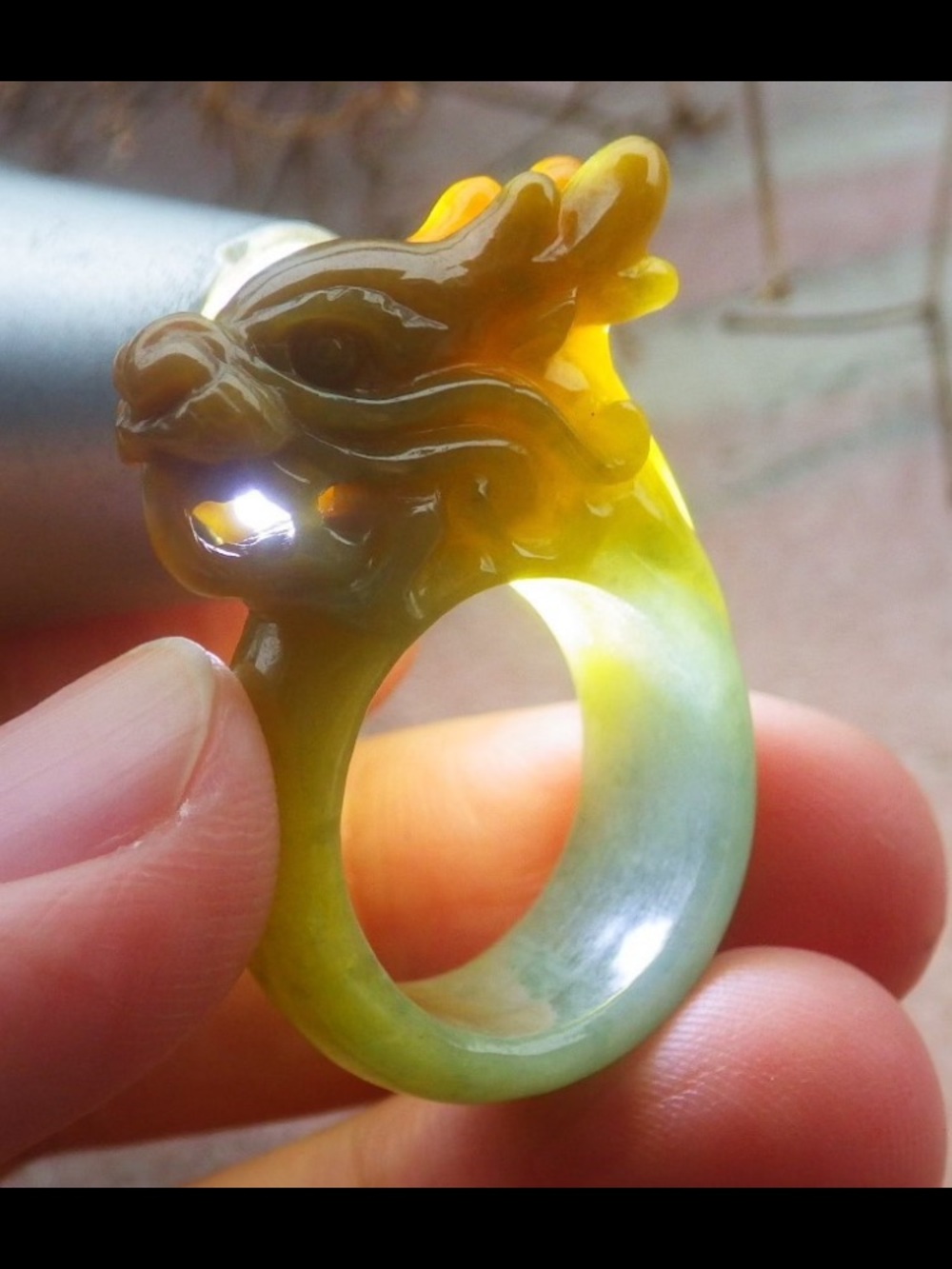 Certificate JADEITE Jade Yellow Green Dragon Ring size5.25